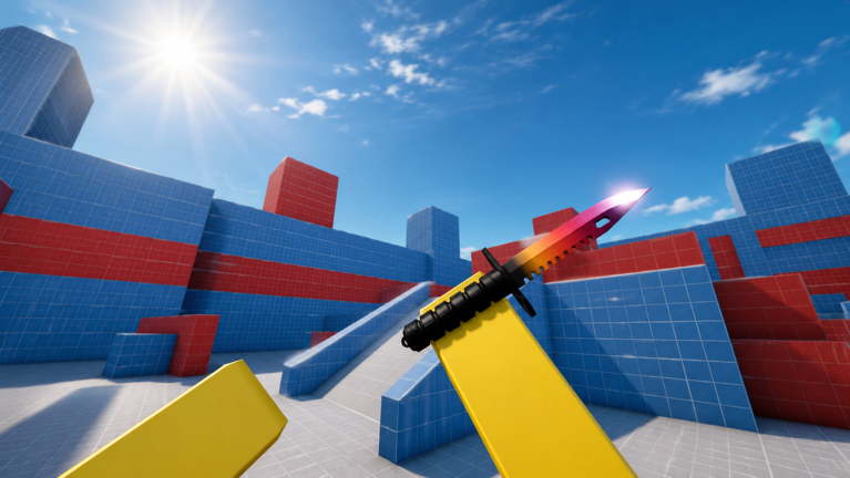First-person view holding a rainbow knife in a blocky KNIFE DUELS arena
