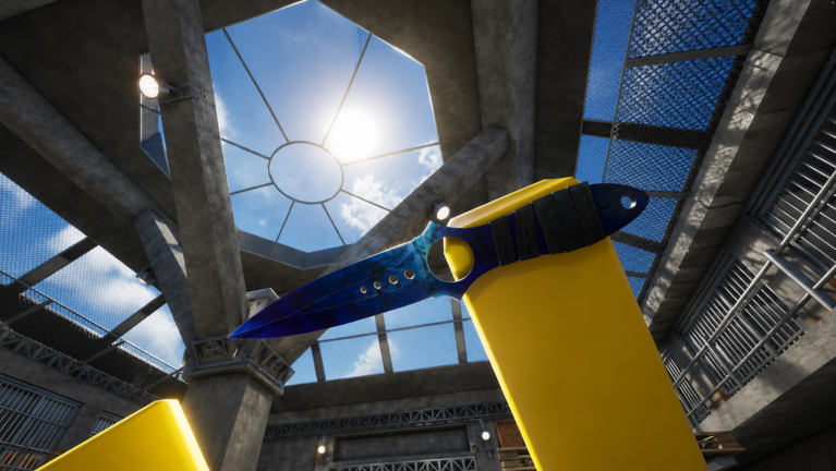 First-person view of a blue knife in an industrial KNIFE DUELS map