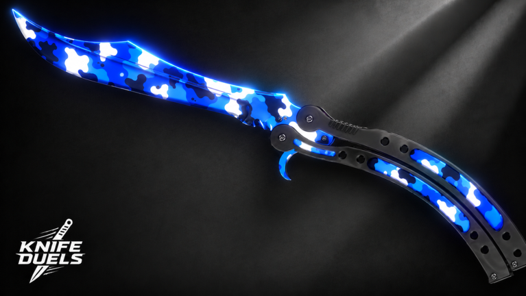 Blue camo butterfly knife from KNIFE DUELS on a dark background