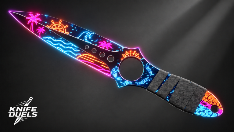 Neon wave painted knife from KNIFE DUELS on a dark background
